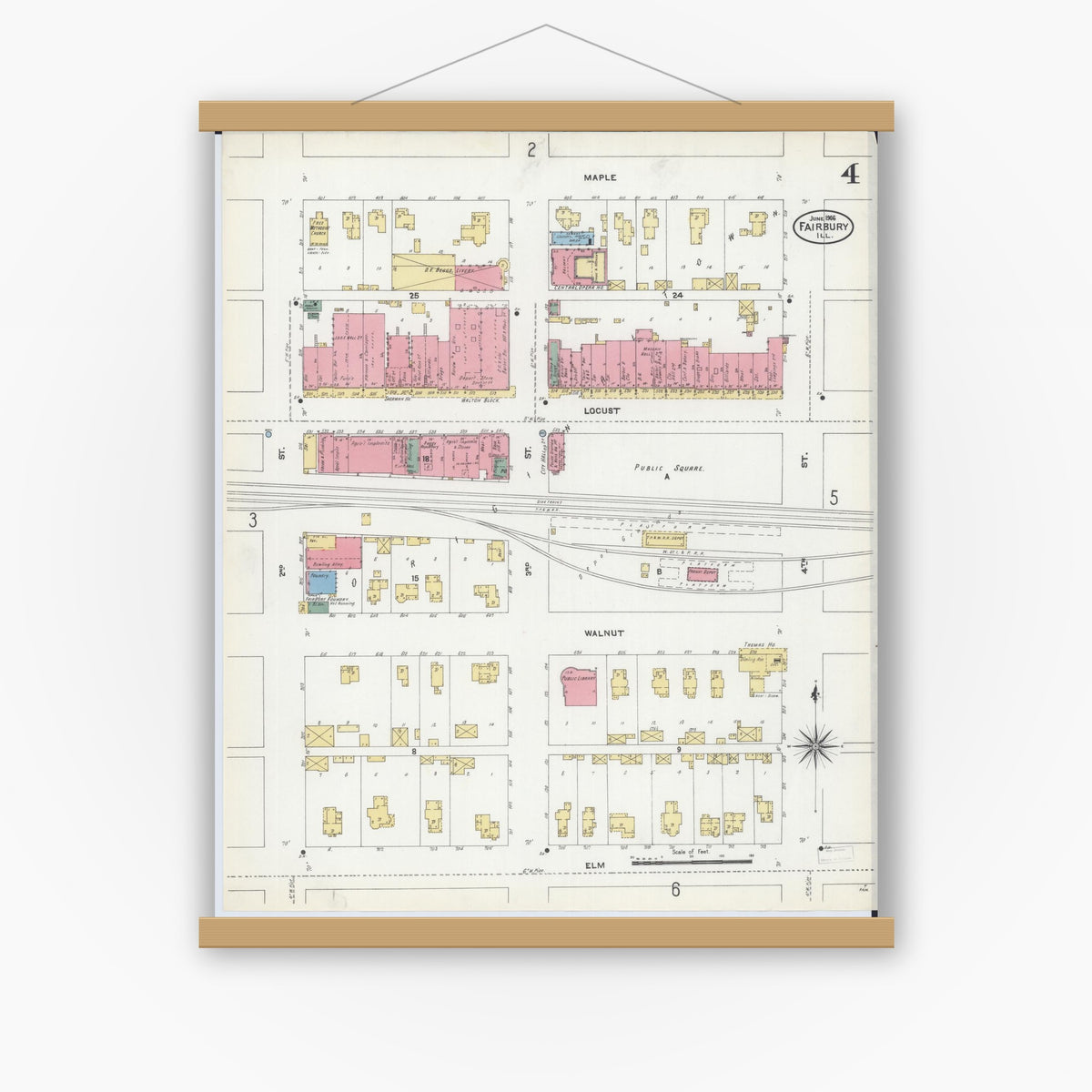 Old map wall art mockup — magnetic wood frame on white wall — Sanborn Fire Insurance Map from Fairbury, Livingston County, Illinois (1906), Sheet #0004