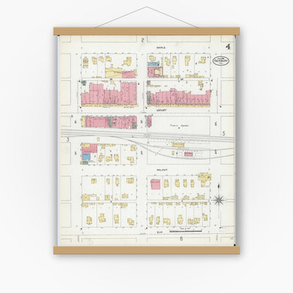 Old map wall art mockup — magnetic wood frame on white wall — Sanborn Fire Insurance Map from Fairbury, Livingston County, Illinois (1906), Sheet #0004