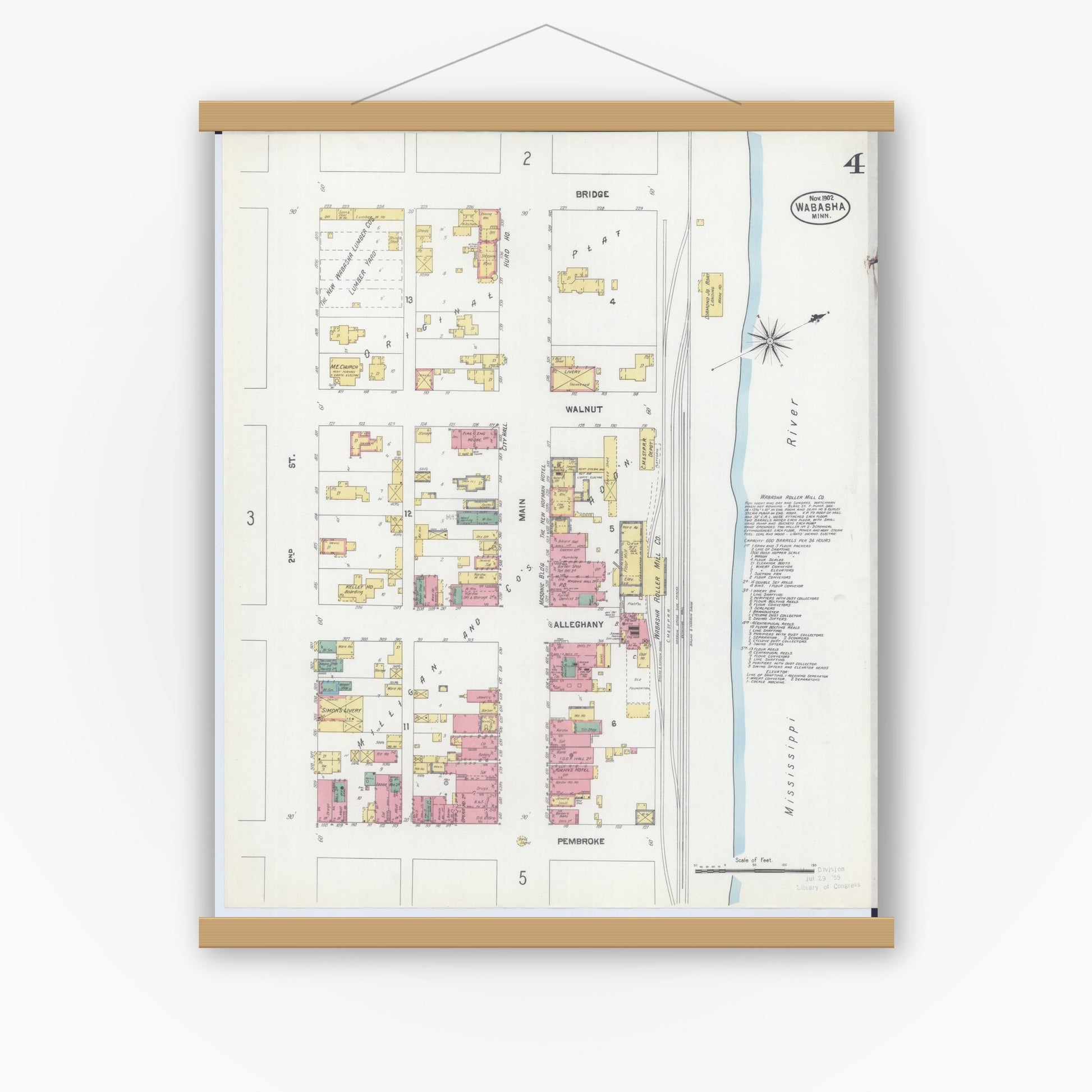 Old map wall art mockup — magnetic wood frame on white wall — Sanborn Fire Insurance Map from Wabasha, Wabasha County, Minnesota (1902), Sheet #0004