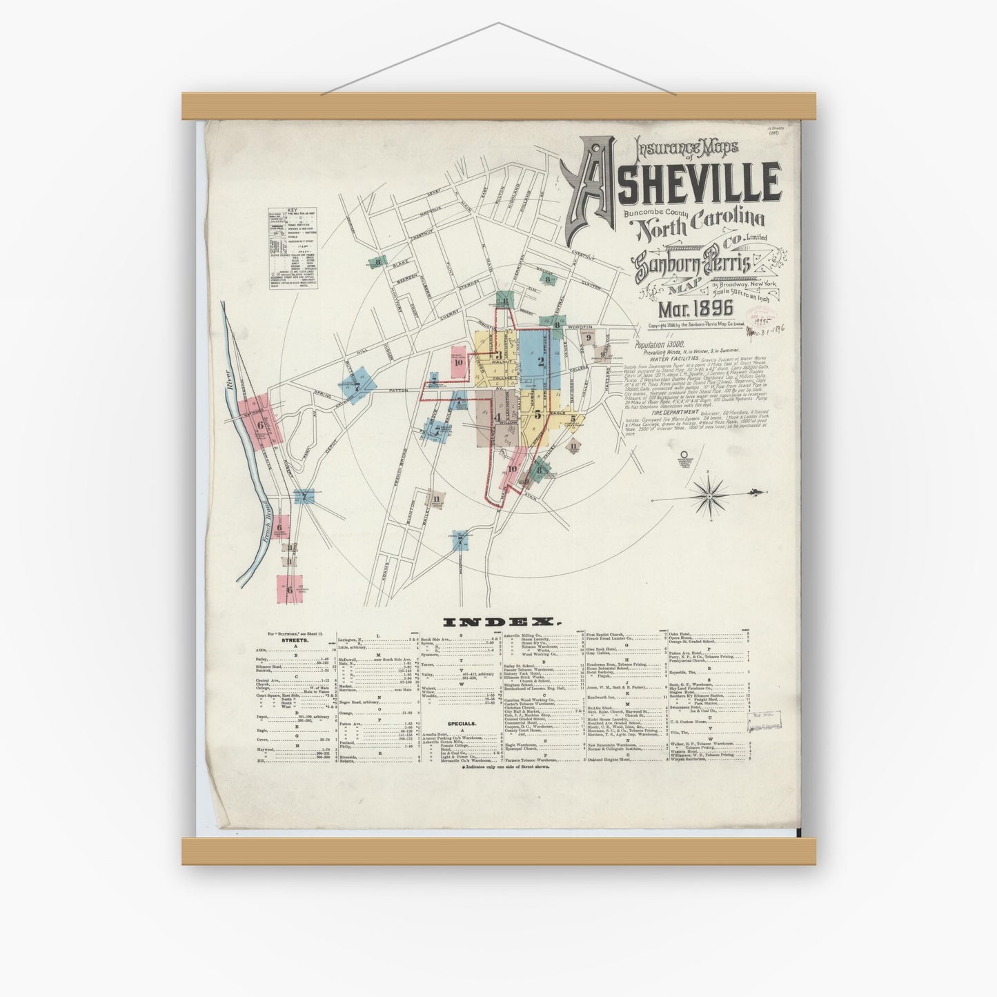 Old map wall art mockup — magnetic wood frame on white wall — Sanborn Fire Insurance Map from Asheville, Buncombe County, North Carolina (1896), Sheet #0001