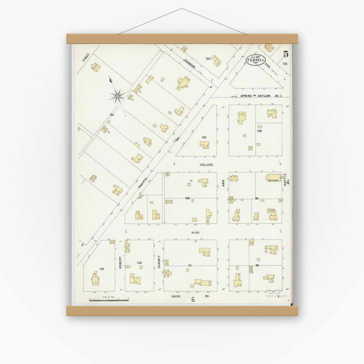 Old map wall art mockup — magnetic wood frame on white wall — Sanborn Fire Insurance Map from Terrell, Kaufman County, Texas (1897), Sheet #0005