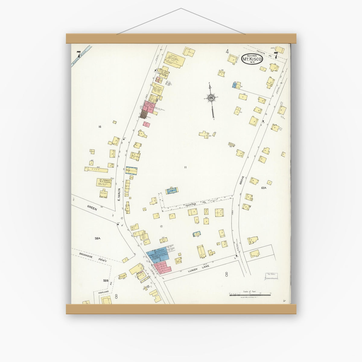 Old map wall art mockup — magnetic wood frame on white wall — Sanborn Fire Insurance Map from Mount Kisco, Westchester County, New York (1925), Sheet #0007