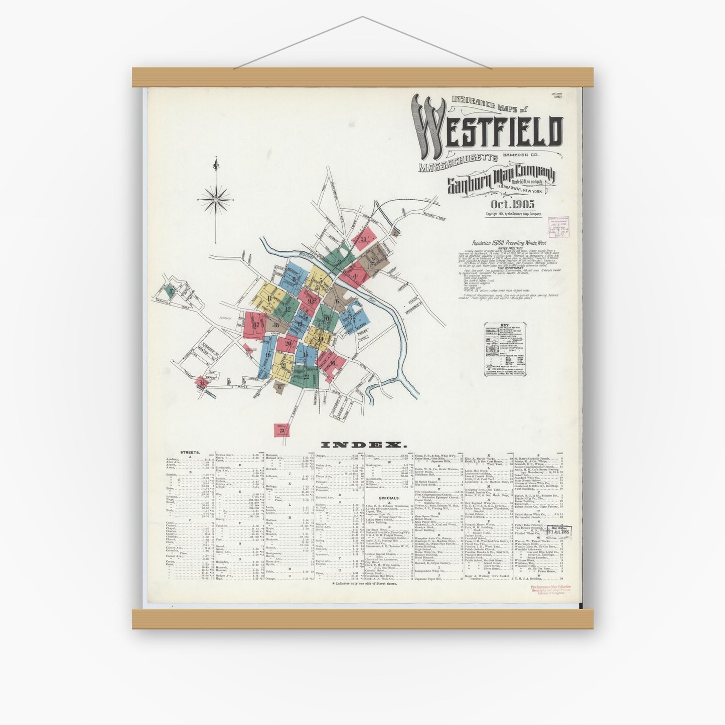Old map wall art mockup — magnetic wood frame on white wall — Sanborn Fire Insurance Map from Westfield, Hampden County, Massachusetts (1905), Sheet #0001