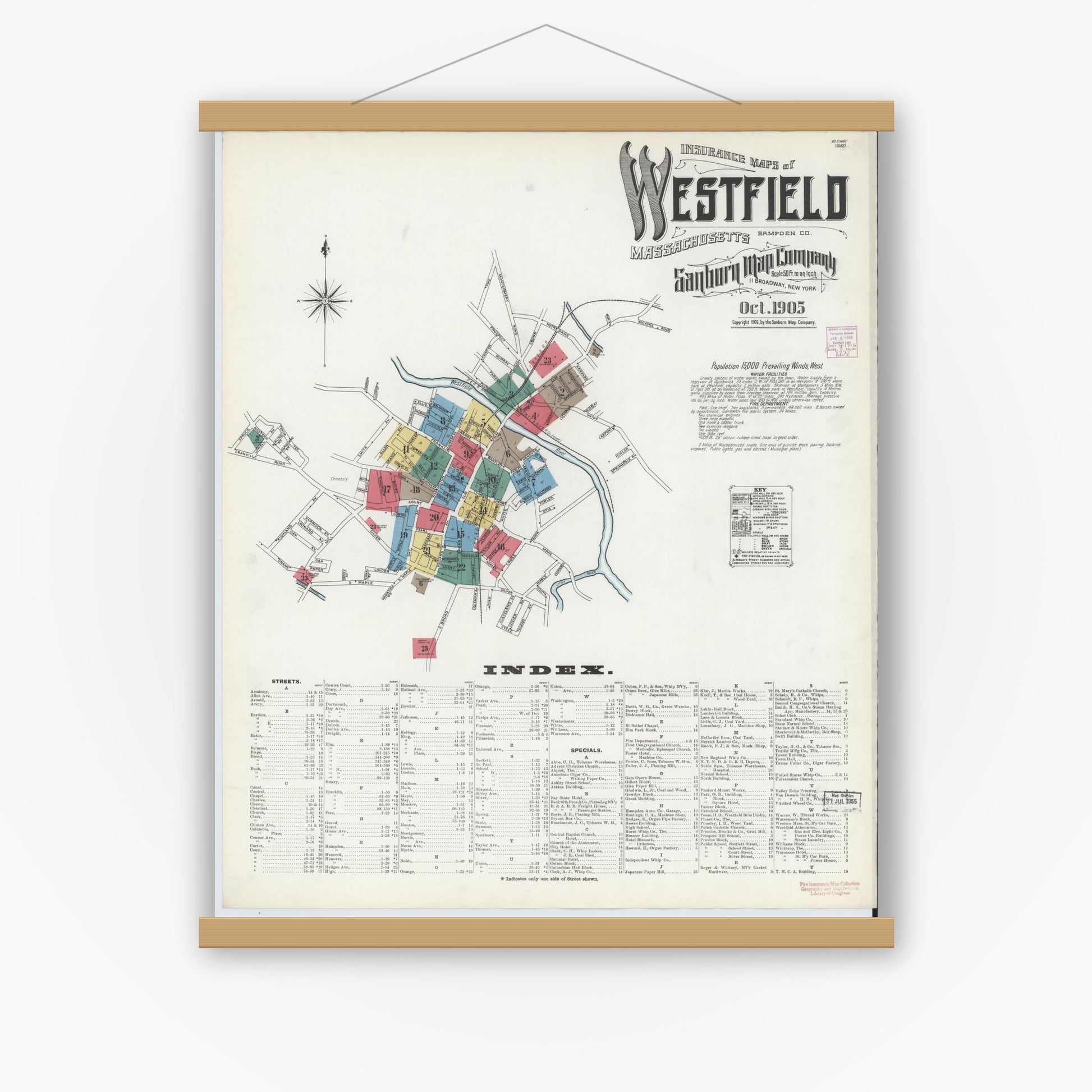 Old map wall art mockup — magnetic wood frame on white wall — Sanborn Fire Insurance Map from Westfield, Hampden County, Massachusetts (1905), Sheet #0001