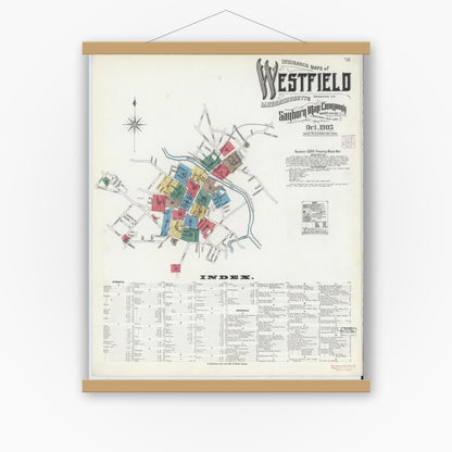 Old map wall art mockup — magnetic wood frame on white wall — Sanborn Fire Insurance Map from Westfield, Hampden County, Massachusetts (1905), Sheet #0001