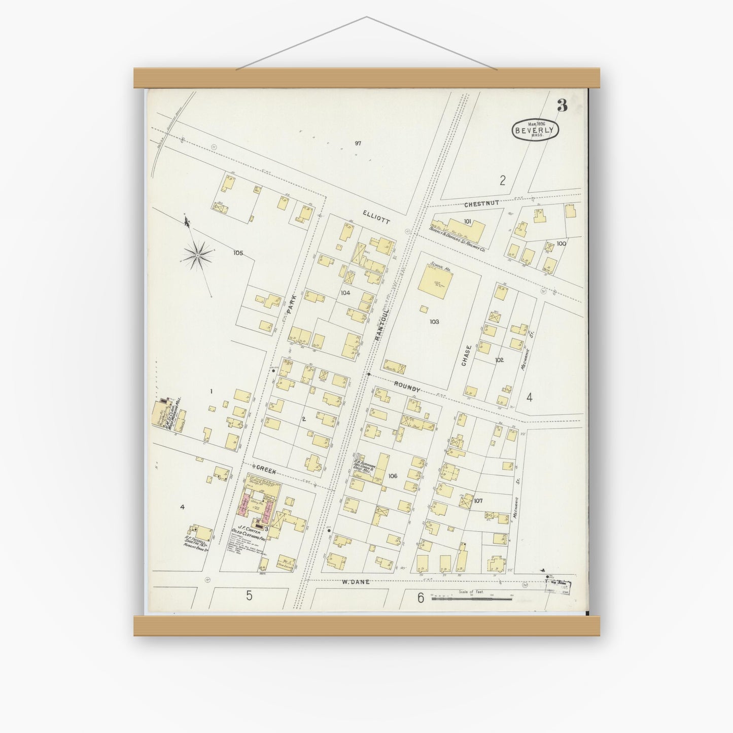 Old map wall art mockup — magnetic wood frame on white wall — Sanborn Fire Insurance Map from Beverly, Essex County, Massachusetts (1896), Sheet #0003