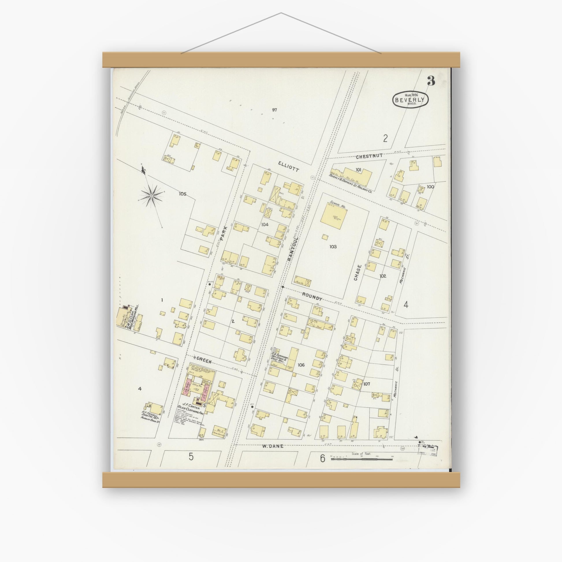 Old map wall art mockup — magnetic wood frame on white wall — Sanborn Fire Insurance Map from Beverly, Essex County, Massachusetts (1896), Sheet #0003