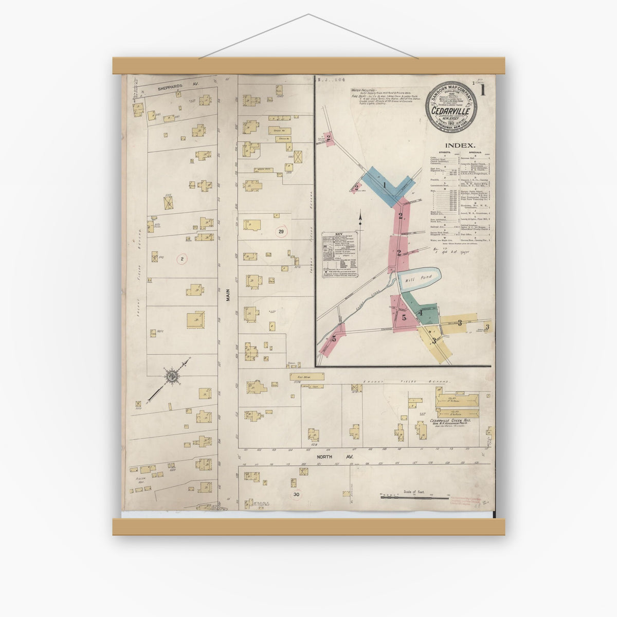 Old map wall art mockup — magnetic wood frame on white wall — Sanborn Fire Insurance Map from Cedarville, Cumberland County, New Jersey (1928) - Complete Map Set