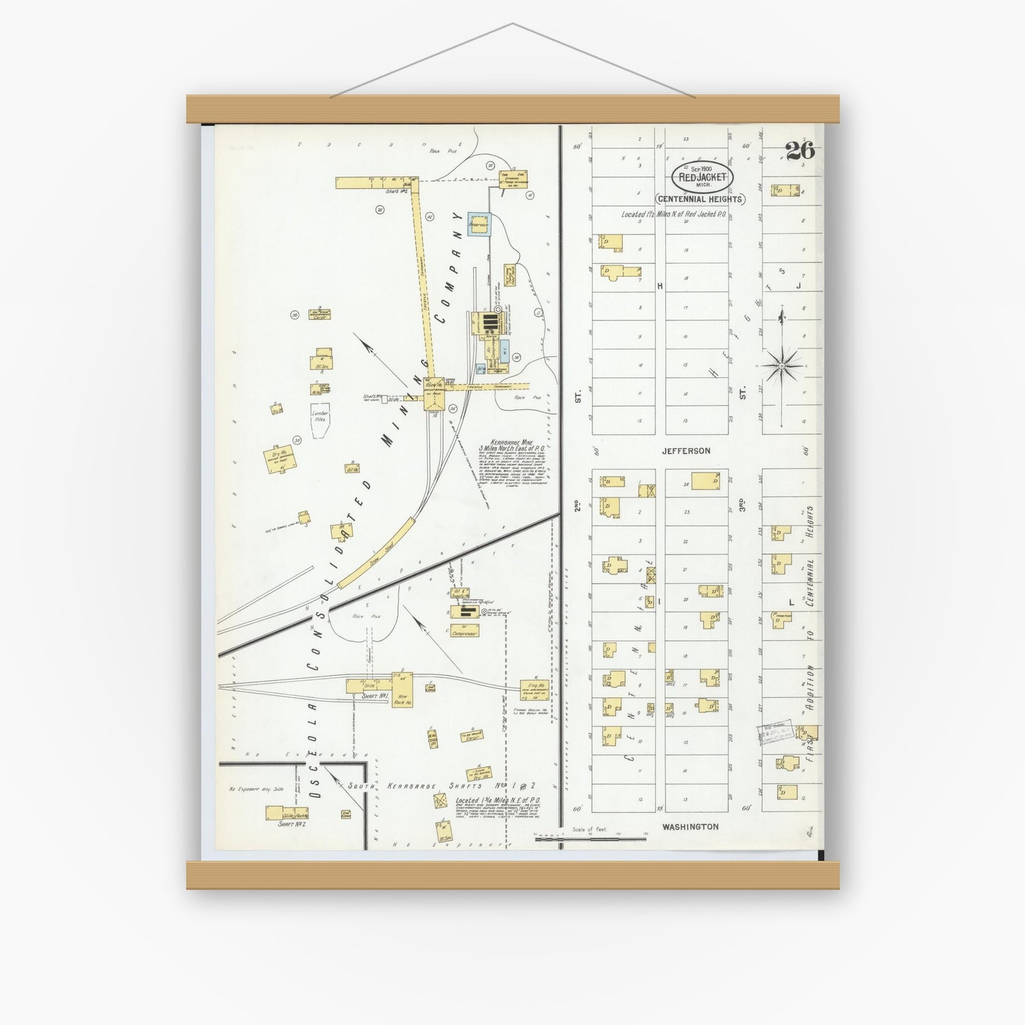 Old map wall art mockup — magnetic wood frame on white wall — Sanborn Fire Insurance Map from Red Jacket, Houghton County, Michigan (1900), Sheet #0026