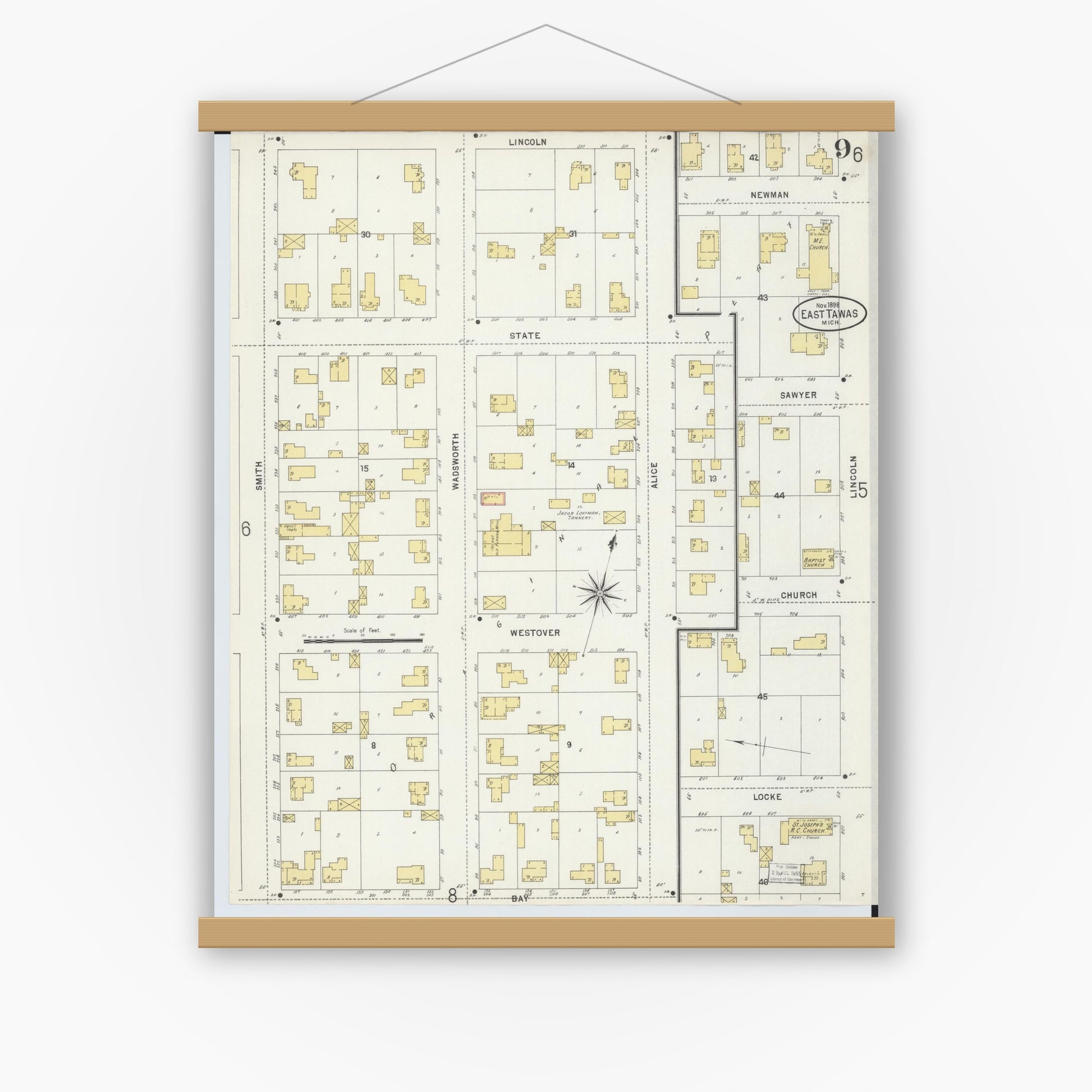 Old map wall art mockup — magnetic wood frame on white wall — Sanborn Fire Insurance Map from East Tawas, Iosco County, Michigan (1898), Sheet #0009