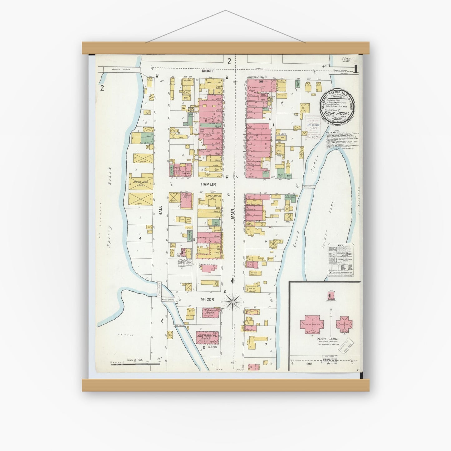 Old map wall art mockup — magnetic wood frame on white wall — Sanborn Fire Insurance Map from Eaton Rapids, Eaton County, Michigan (1900) - Complete Map Set