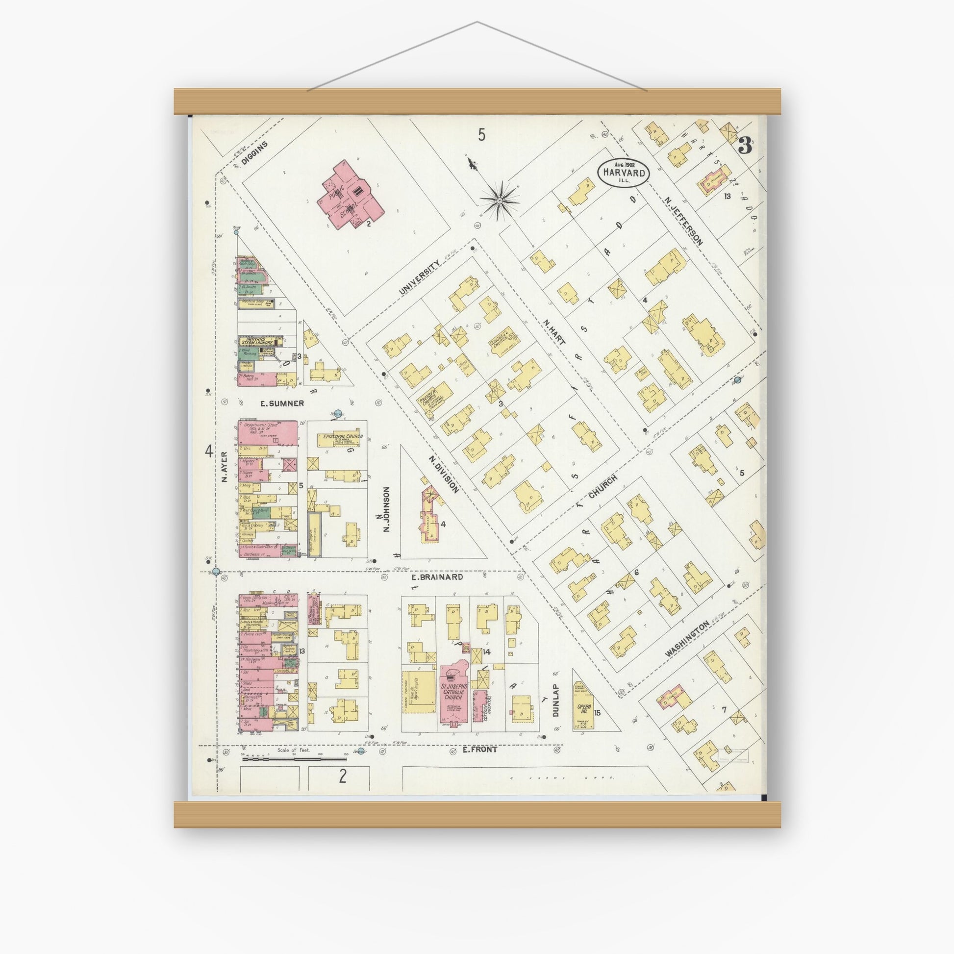 Old map wall art mockup — magnetic wood frame on white wall — Sanborn Fire Insurance Map from Harvard, McHenry County, Illinois (1902), Sheet #0003