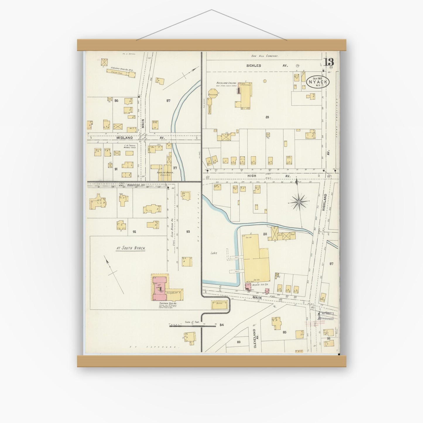 Old map wall art mockup — magnetic wood frame on white wall — Sanborn Fire Insurance Map from Nyack, Rockland County, New York. (1903), Sheet #0013