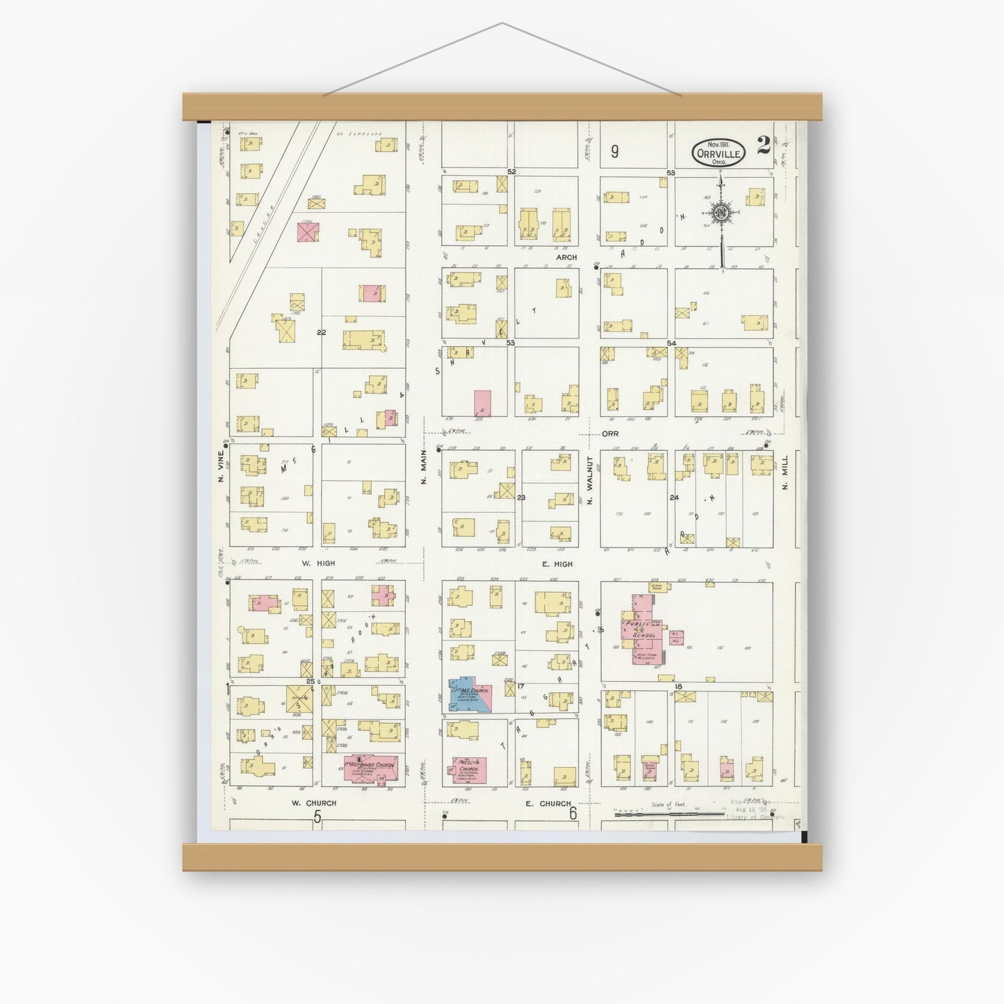 Old map wall art mockup — magnetic wood frame on white wall — Sanborn Fire Insurance Map from Orrville, Wayne County, Ohio (1911), Sheet #0002