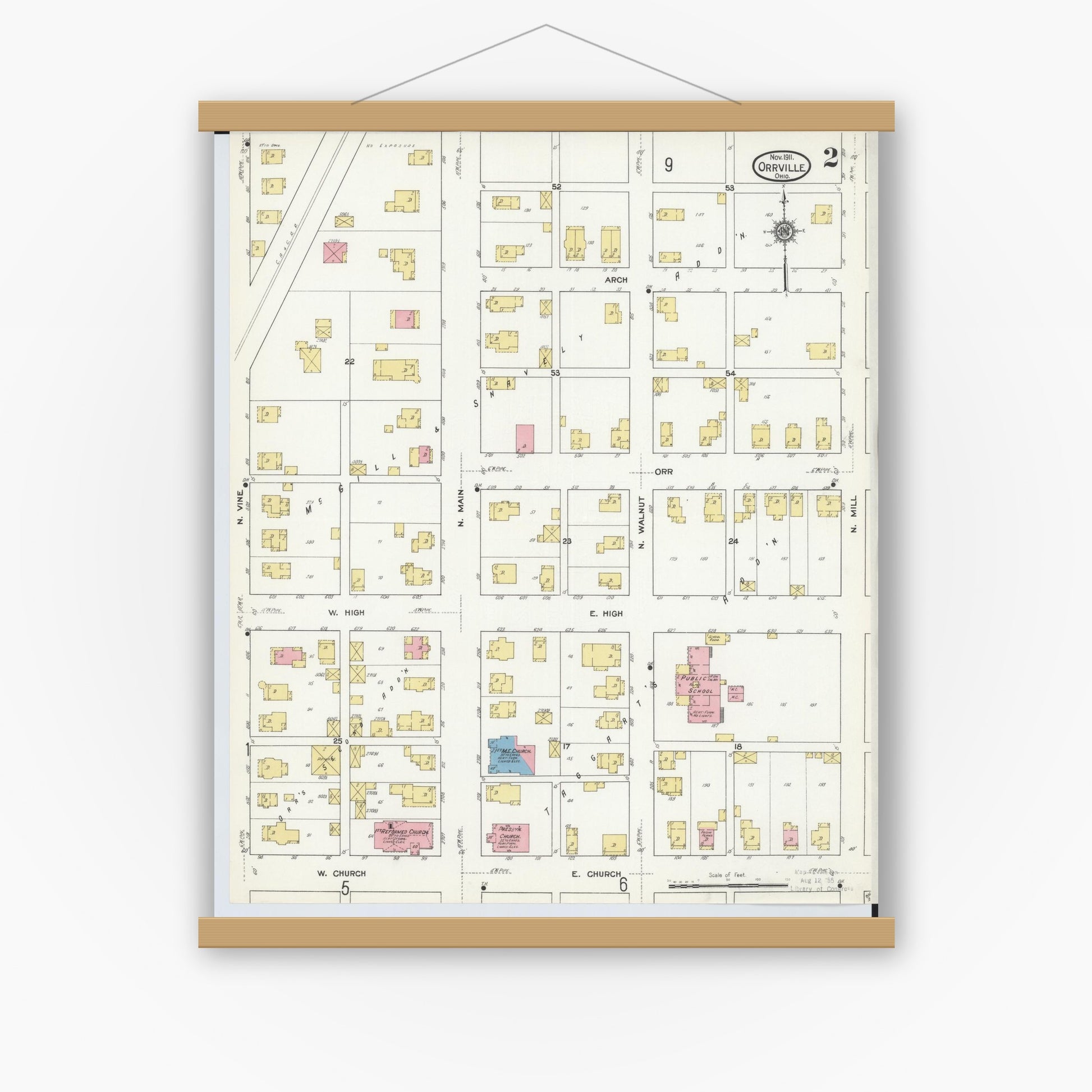 Old map wall art mockup — magnetic wood frame on white wall — Sanborn Fire Insurance Map from Orrville, Wayne County, Ohio (1911), Sheet #0002