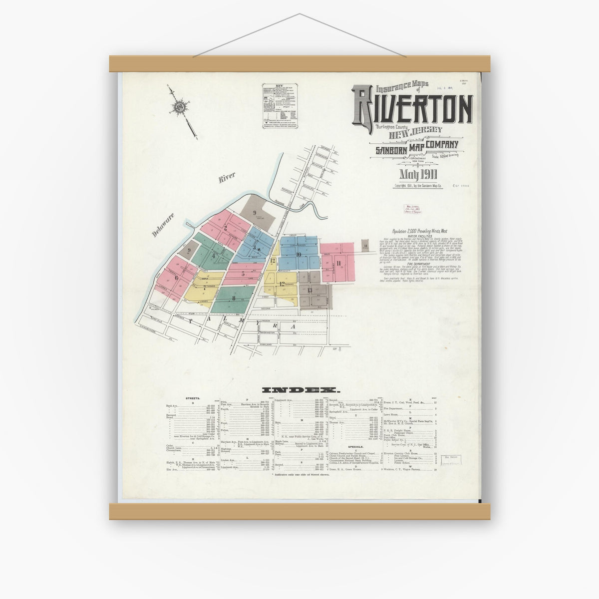 Old map wall art mockup — magnetic wood frame on white wall — Sanborn Fire Insurance Map from Riverton, Burlington County, New Jersey (1911), Sheet #0001