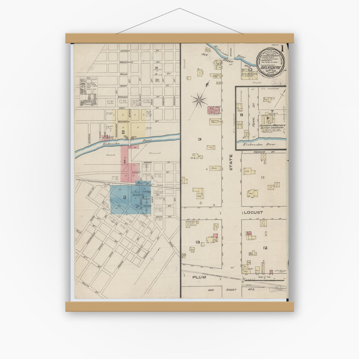 Old map wall art mockup — magnetic wood frame on white wall — Sanborn Fire Insurance Map from Belvidere, Boone County, Illinois (1885), Sheet #0001