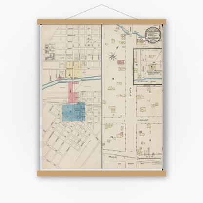 Old map wall art mockup — magnetic wood frame on white wall — Sanborn Fire Insurance Map from Belvidere, Boone County, Illinois (1885), Sheet #0001