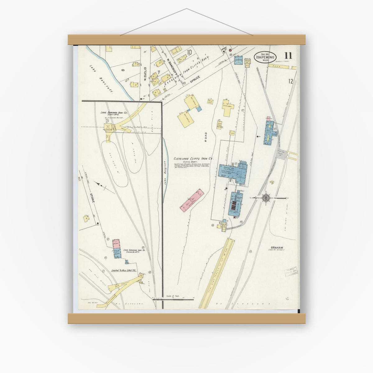Old map wall art mockup — magnetic wood frame on white wall — Sanborn Fire Insurance Map from Ishpeming, Marquette County, Michigan (1911), Sheet #0011
