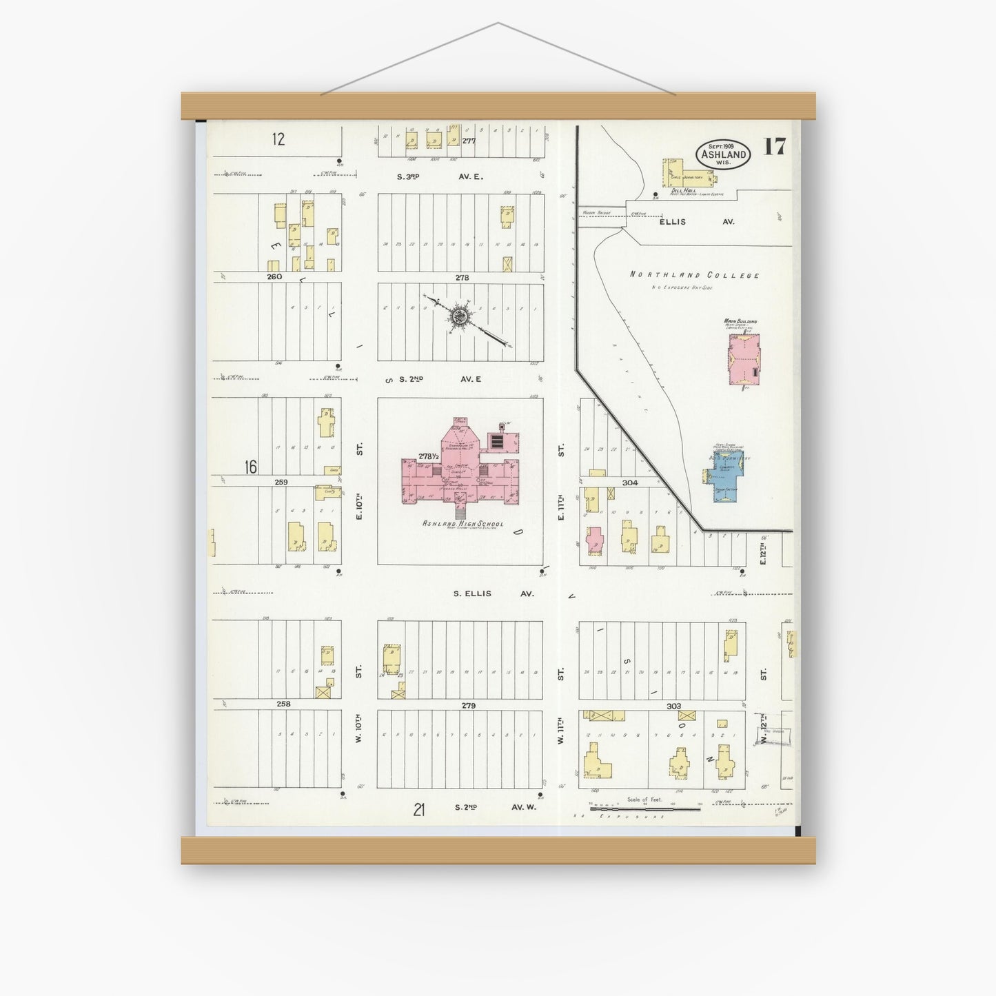 Old map wall art mockup — magnetic wood frame on white wall — Sanborn Fire Insurance Map from Ashland, Ashland County, Wisconsin (1909), Sheet #0017