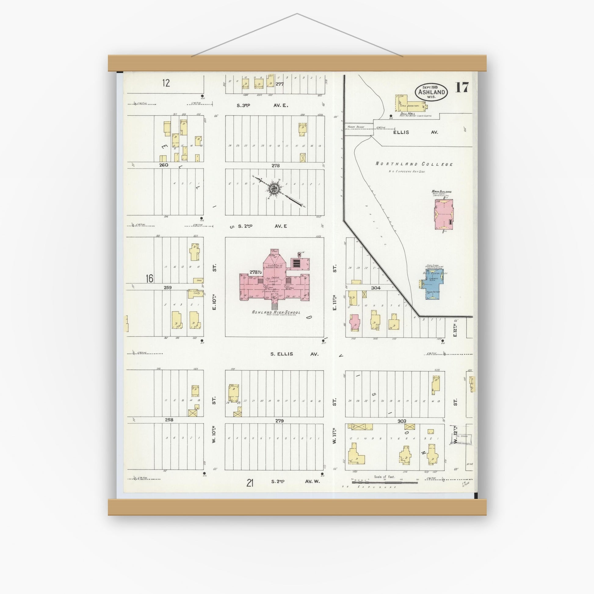 Old map wall art mockup — magnetic wood frame on white wall — Sanborn Fire Insurance Map from Ashland, Ashland County, Wisconsin (1909), Sheet #0017