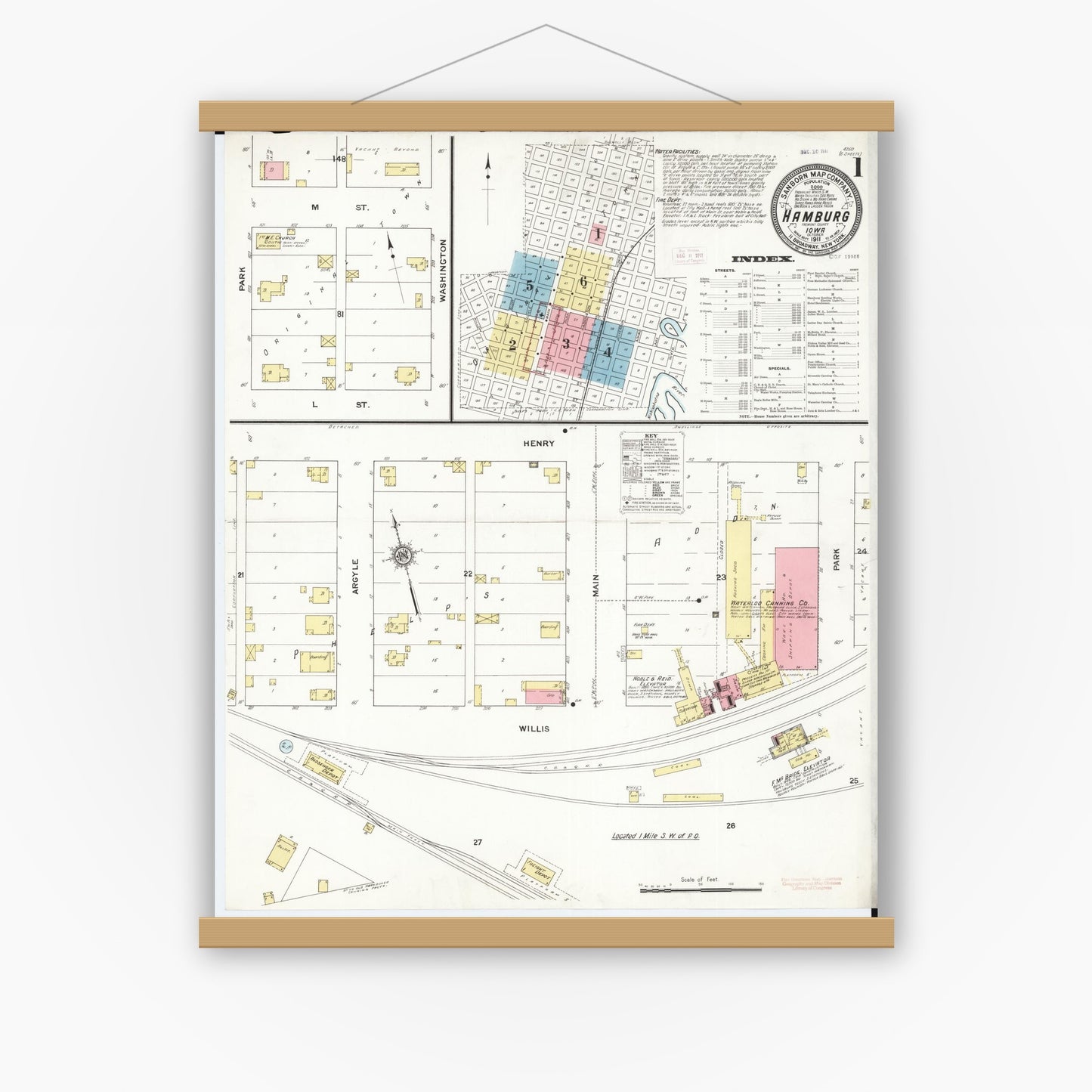 Old map wall art mockup — magnetic wood frame on white wall — Sanborn Fire Insurance Map from Hamburg, Fremont County, Iowa (1911) â€” Complete Set