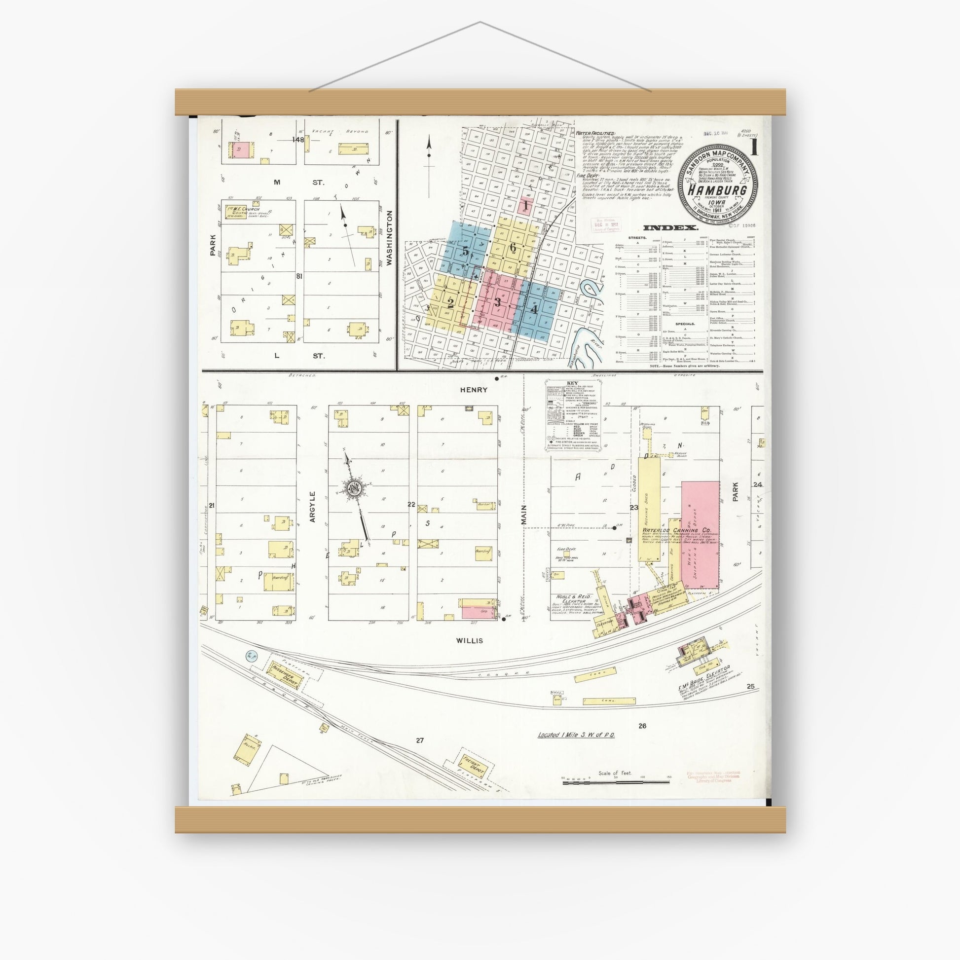 Old map wall art mockup — magnetic wood frame on white wall — Sanborn Fire Insurance Map from Hamburg, Fremont County, Iowa (1911) â€” Complete Set