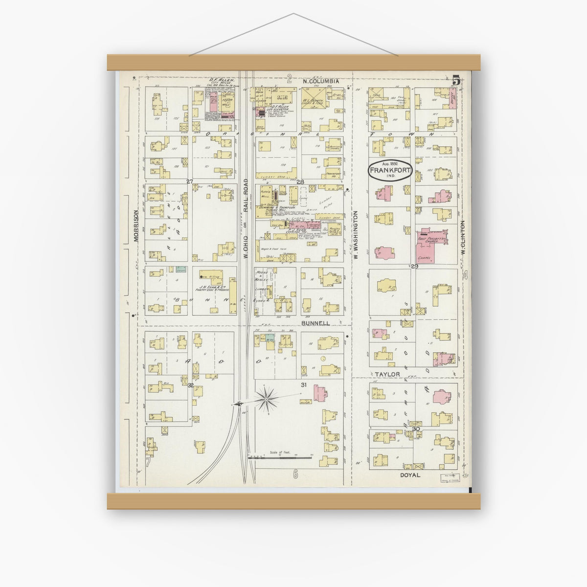 Old map wall art mockup — magnetic wood frame on white wall — Sanborn Fire Insurance Map from Frankfort, Clinton County, Indiana (1892), Sheet #0005