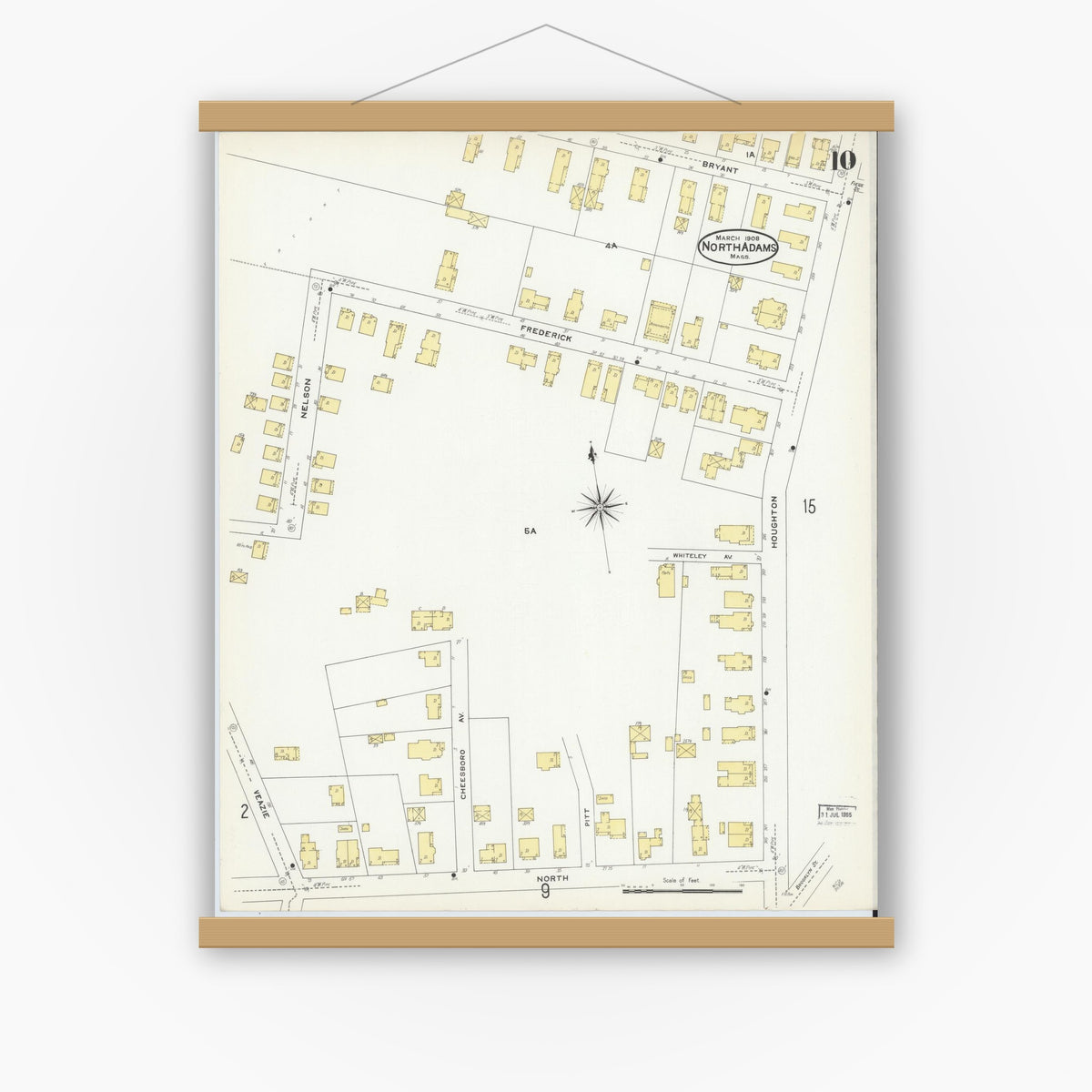 Old map wall art mockup — magnetic wood frame on white wall — Sanborn Fire Insurance Map from North Adams, Berkshire County, Massachusetts (1908), Sheet #0010