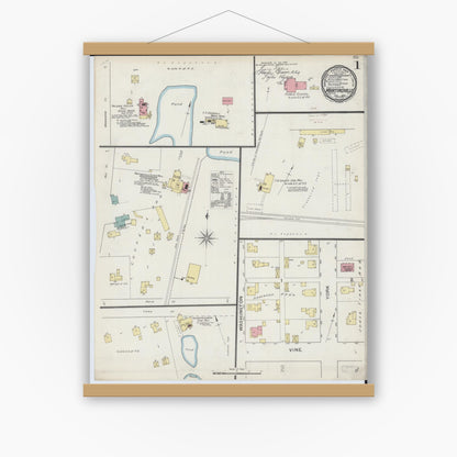 Old map wall art mockup — magnetic wood frame on white wall — Sanborn Fire Insurance Map from Martinsville, Clark County, Illinois (1893), Sheet #0001