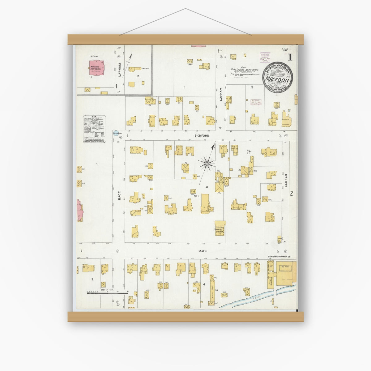 Old map wall art mockup — magnetic wood frame on white wall — Sanborn Fire Insurance Map from Macedon, Wayne County, New York (1906), Sheet #0001