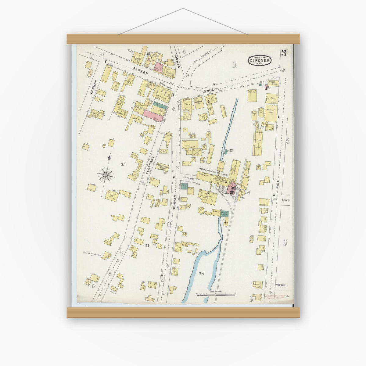 Old map wall art mockup — magnetic wood frame on white wall — Sanborn Fire Insurance Map from Gardner, Worcester County, Massachusetts (1895), Sheet #0003