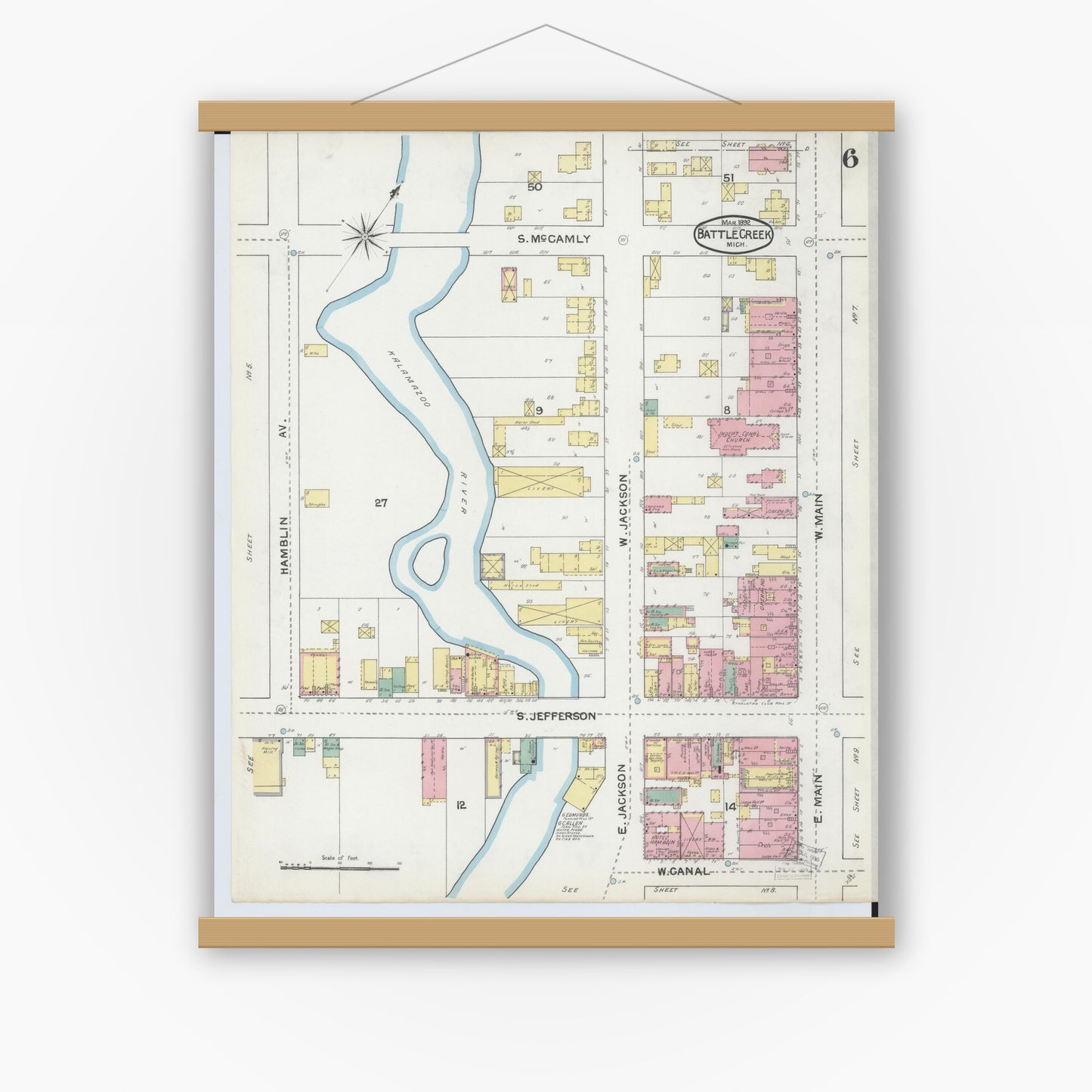 Old map wall art mockup — magnetic wood frame on white wall — Sanborn Fire Insurance Map from Battle Creek, Calhoun County, Michigan (1892), Sheet #0006