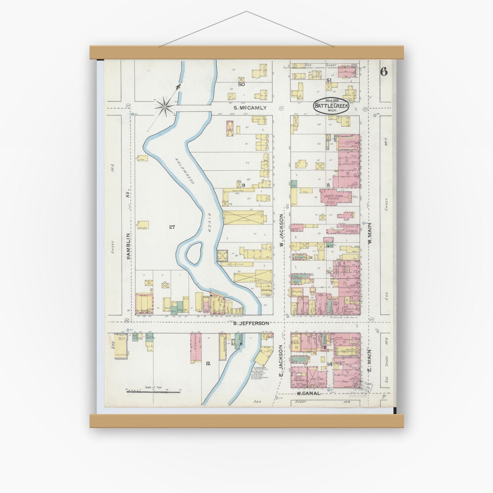 Old map wall art mockup — magnetic wood frame on white wall — Sanborn Fire Insurance Map from Battle Creek, Calhoun County, Michigan (1892), Sheet #0006