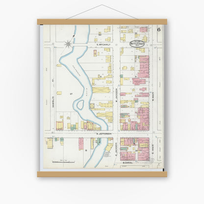 Old map wall art mockup — magnetic wood frame on white wall — Sanborn Fire Insurance Map from Battle Creek, Calhoun County, Michigan (1892), Sheet #0006