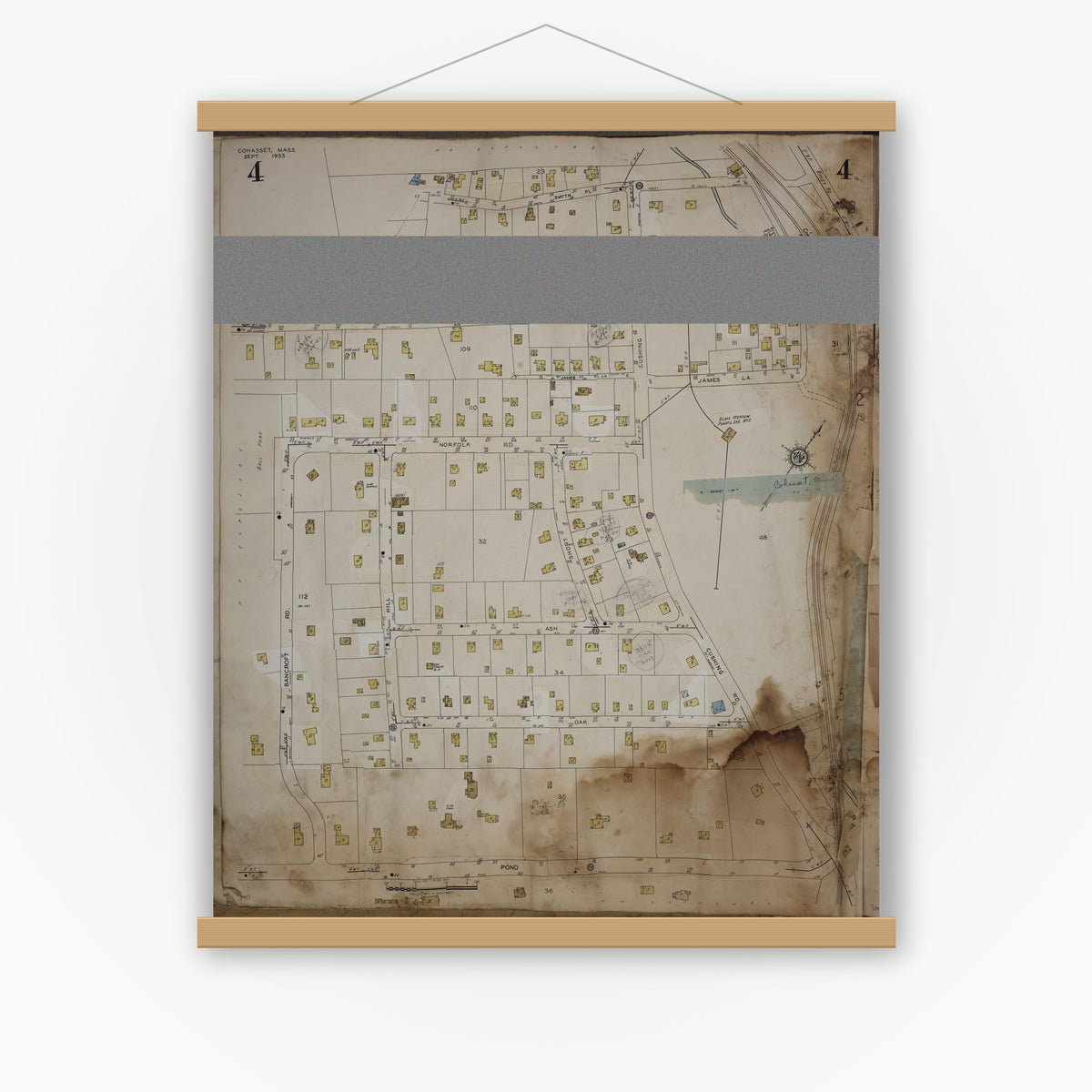 Old map wall art mockup — magnetic wood frame on white wall — Sanborn Fire Insurance Map from Cohasset, Norfolk County, Massachusetts (1963), Sheet #0004