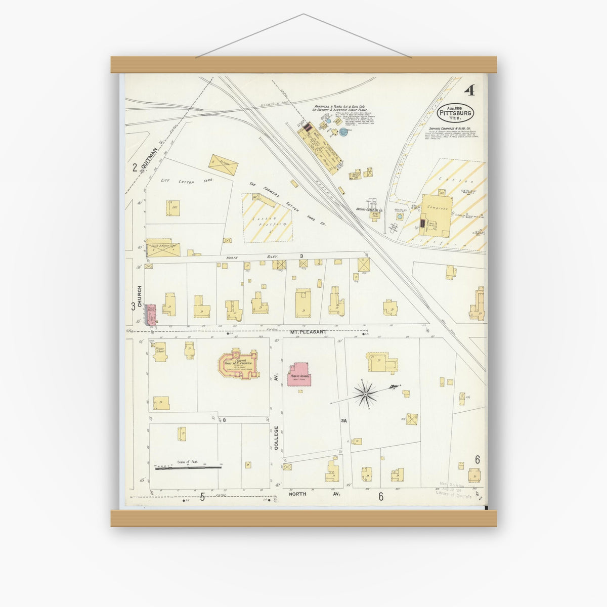 Old map wall art mockup — magnetic wood frame on white wall — Sanborn Fire Insurance Map from Pittsburg, Camp County, Texas (1906), Sheet #0004
