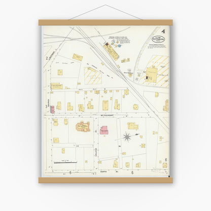 Old map wall art mockup — magnetic wood frame on white wall — Sanborn Fire Insurance Map from Pittsburg, Camp County, Texas (1906), Sheet #0004
