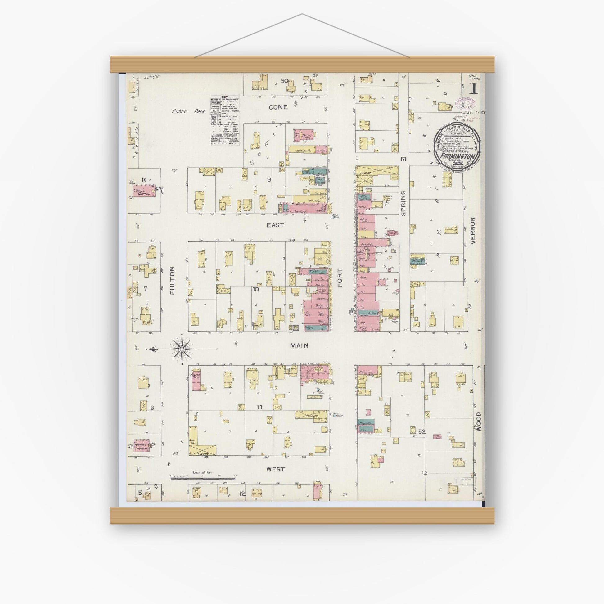 Old map wall art mockup — magnetic wood frame on white wall — Sanborn Fire Insurance Map from Farmington, Fulton County, Illinois (1893) - Complete Map Set
