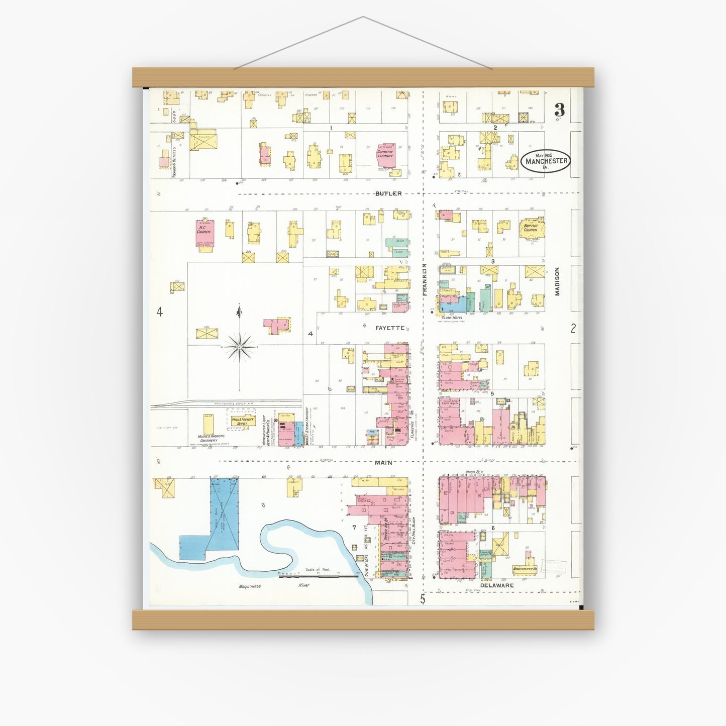 Old map wall art mockup — magnetic wood frame on white wall — Sanborn Fire Insurance Map from Manchester, Delaware County, Iowa (1905), Sheet #0003