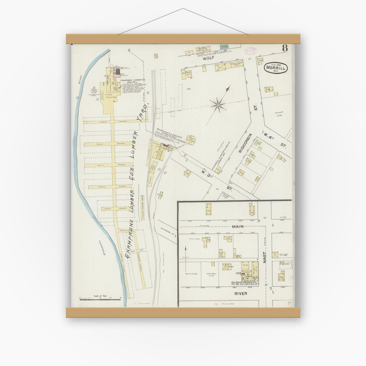 Old map wall art mockup — magnetic wood frame on white wall — Sanborn Fire Insurance Map from Merrill, Lincoln County, Wisconsin (1888), Sheet #0008