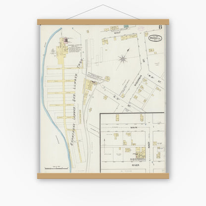 Old map wall art mockup — magnetic wood frame on white wall — Sanborn Fire Insurance Map from Merrill, Lincoln County, Wisconsin (1888), Sheet #0008