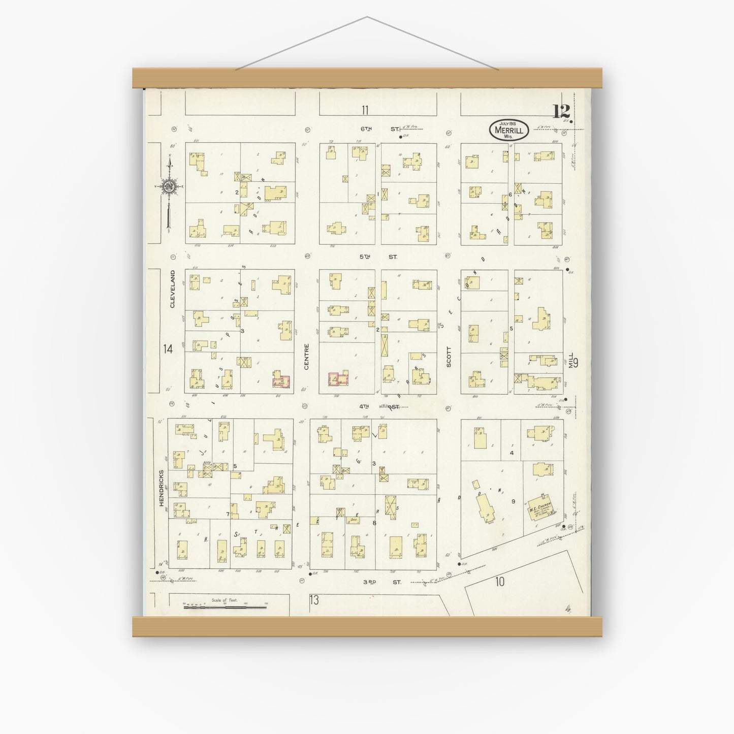 Old map wall art mockup — magnetic wood frame on white wall — Sanborn Fire Insurance Map from Merrill, Lincoln County, Wisconsin (1913), Sheet #0012