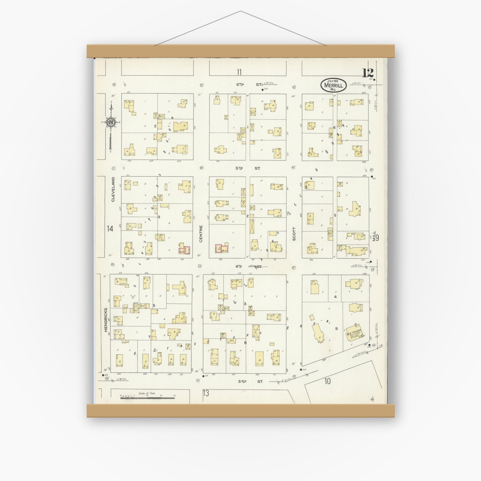 Old map wall art mockup — magnetic wood frame on white wall — Sanborn Fire Insurance Map from Merrill, Lincoln County, Wisconsin (1913), Sheet #0012