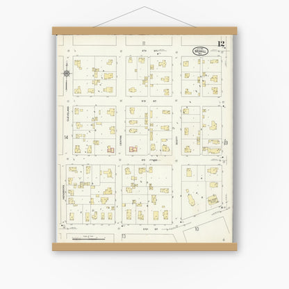 Old map wall art mockup — magnetic wood frame on white wall — Sanborn Fire Insurance Map from Merrill, Lincoln County, Wisconsin (1913), Sheet #0012