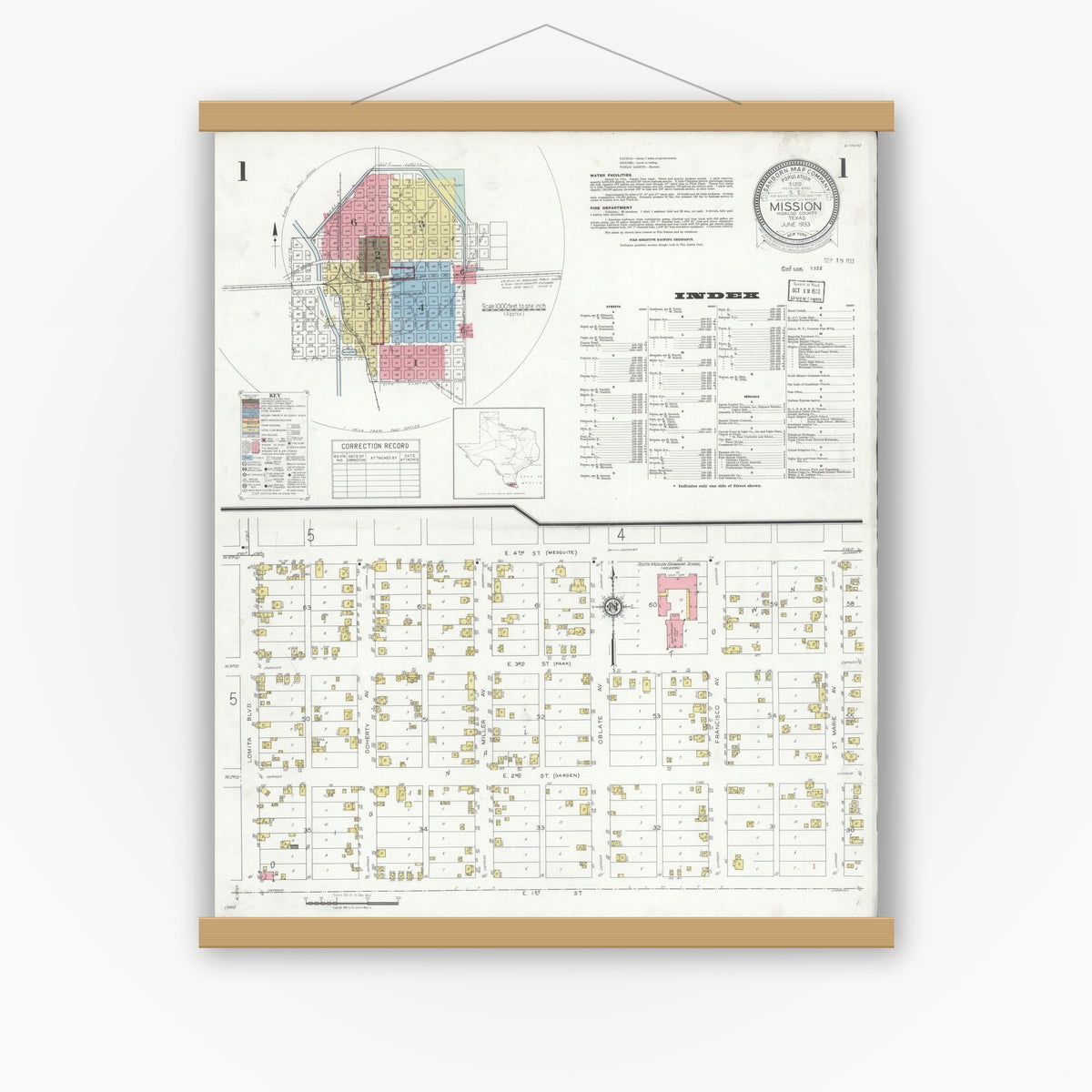 Old map wall art mockup — magnetic wood frame on white wall — Sanborn Fire Insurance Map from Mission, Hidalgo County, Texas (1933), Sheet #0001