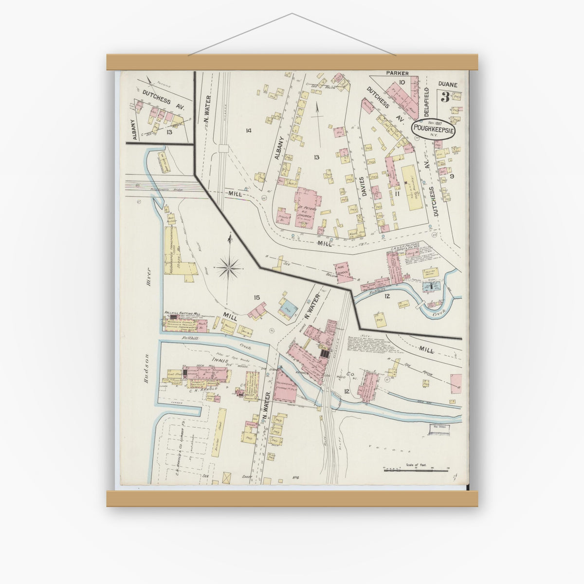 Old map wall art mockup — magnetic wood frame on white wall — Sanborn Fire Insurance Map from Poughkeepsie, Dutchess County, New York (1887), Sheet #0003