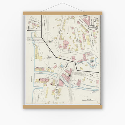 Old map wall art mockup — magnetic wood frame on white wall — Sanborn Fire Insurance Map from Poughkeepsie, Dutchess County, New York (1887), Sheet #0003