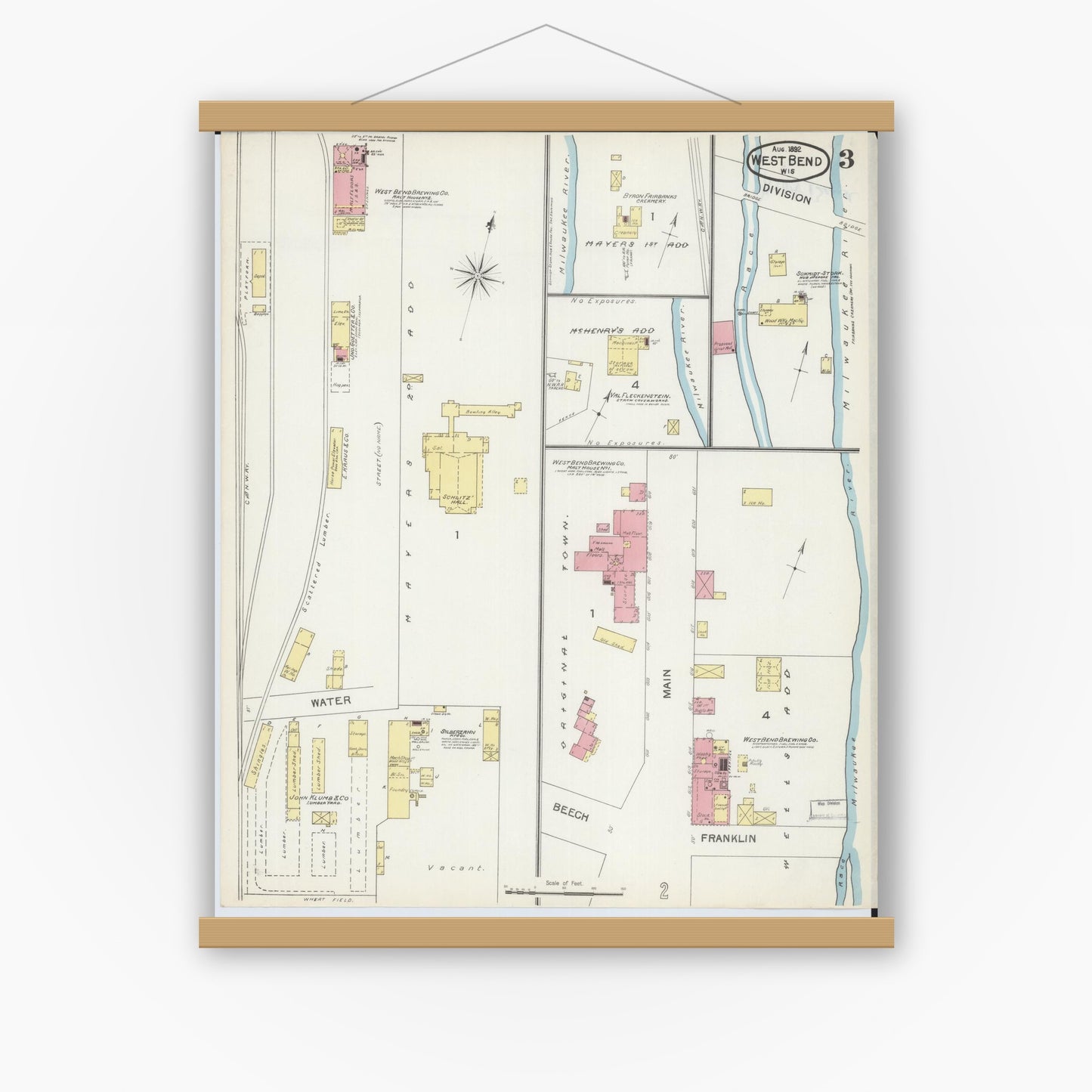 Old map wall art mockup — magnetic wood frame on white wall — Sanborn Fire Insurance Map from West Bend, Washington County, Wisconsin (1892), Sheet #0003