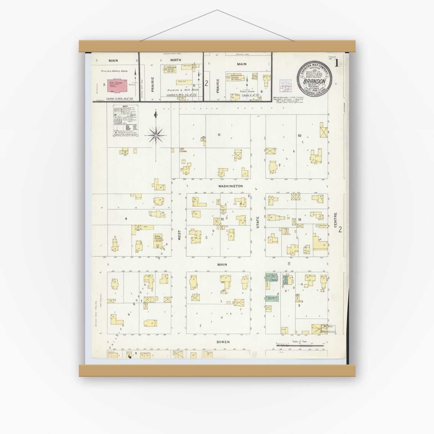 Old map wall art mockup — magnetic wood frame on white wall — Sanborn Fire Insurance Map from Brandon, Fond du Lac County, Wisconsin (1908), Sheet #0001